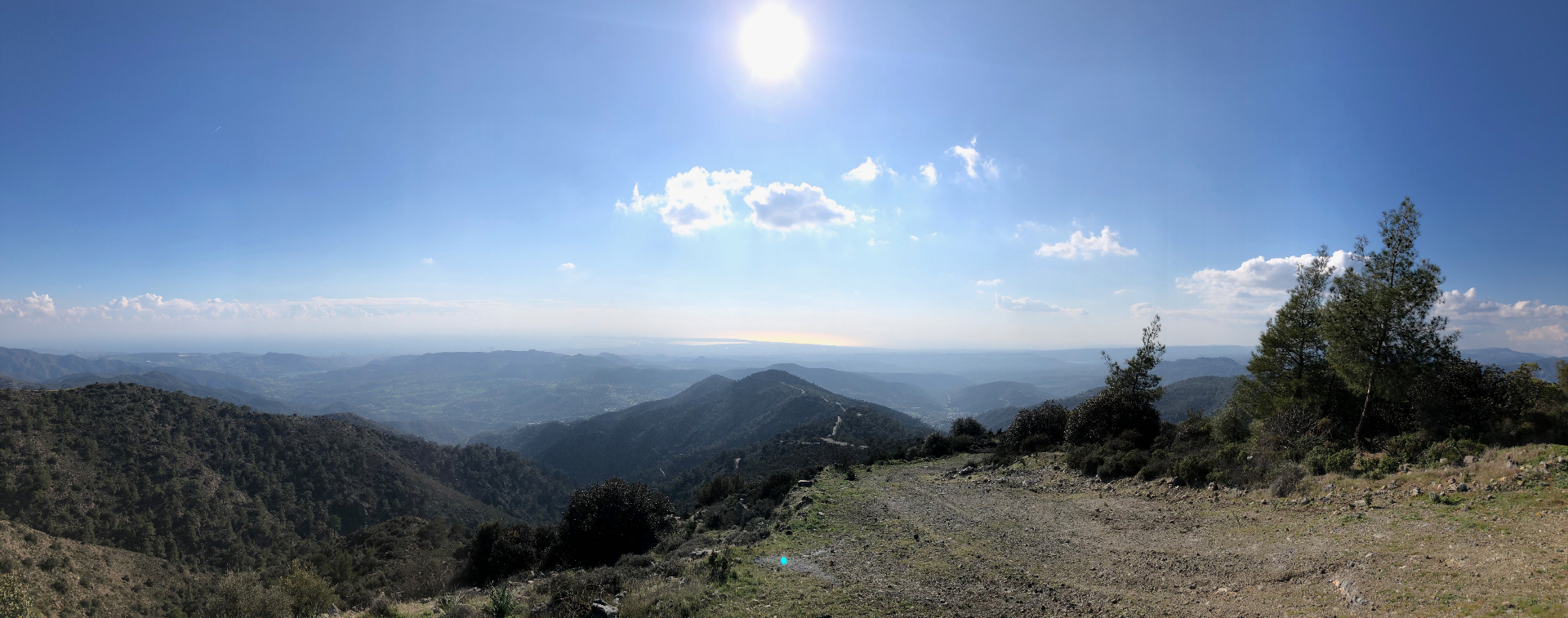 Panoramic view from the Kakomalis ridge over the Troodos foothills to the sea