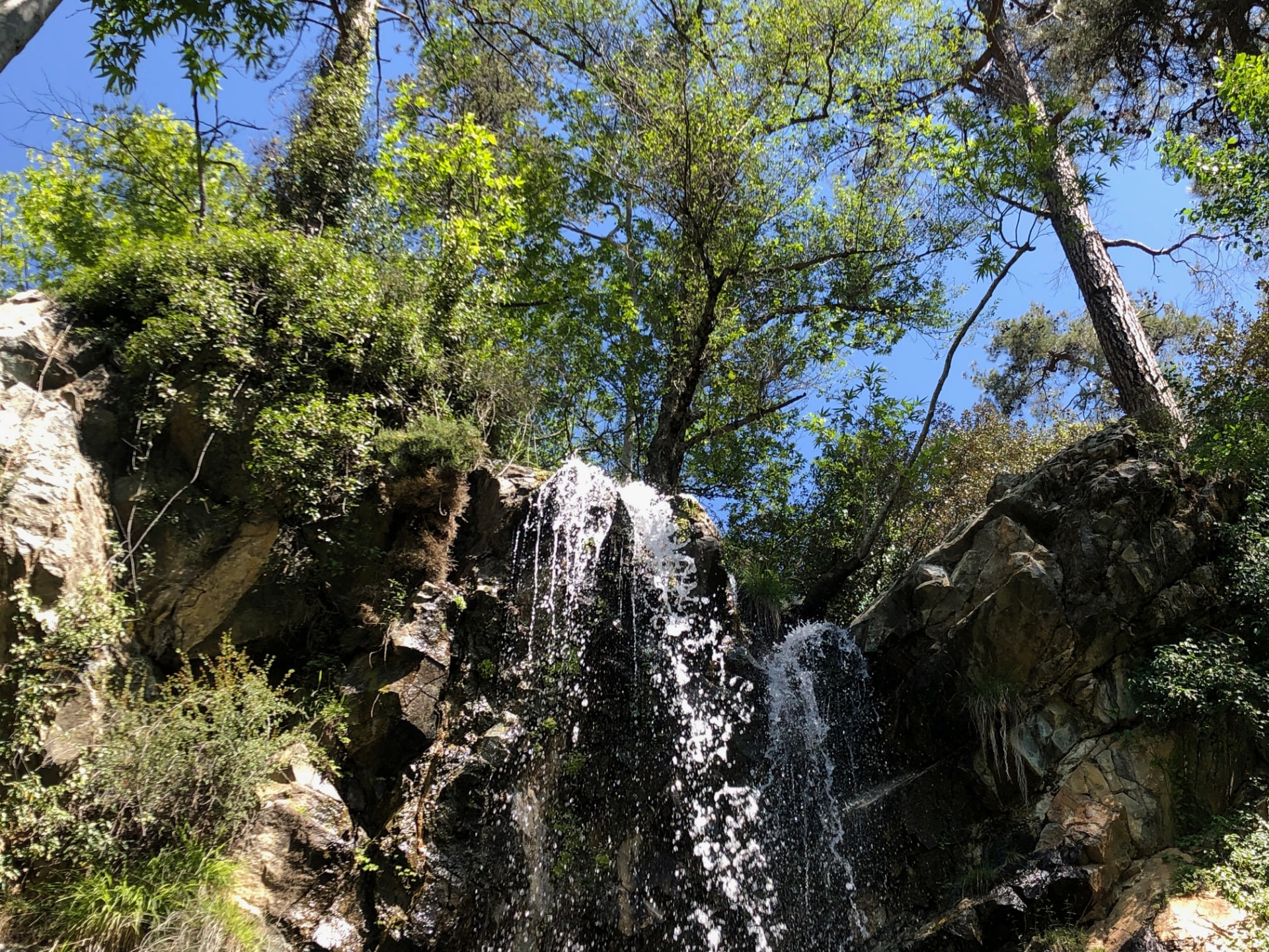 Caledonia Waterfall dropping between dark rock faces, green trees and blue sky above