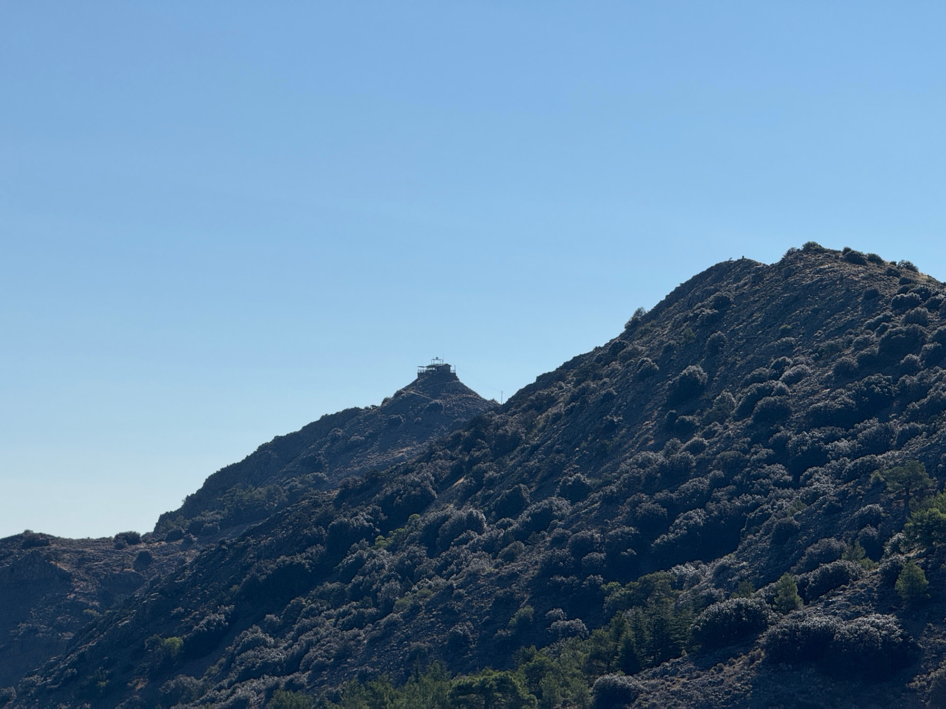 A fire lookout tower on a rocky peak above dark green shrubs and pines
