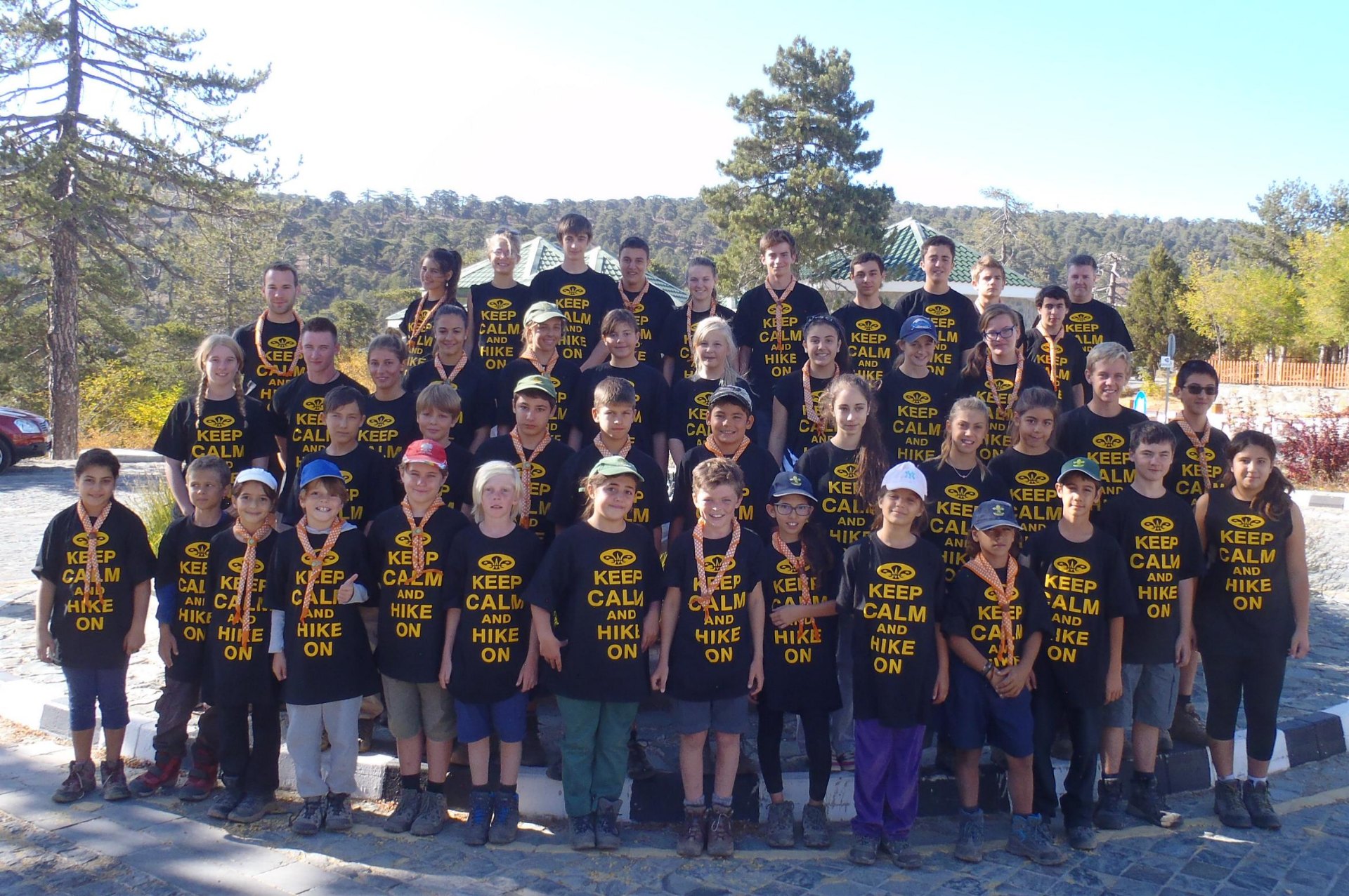 Scout hiking group wearing Keep Calm and Hike On t-shirts after the K1.5 hike