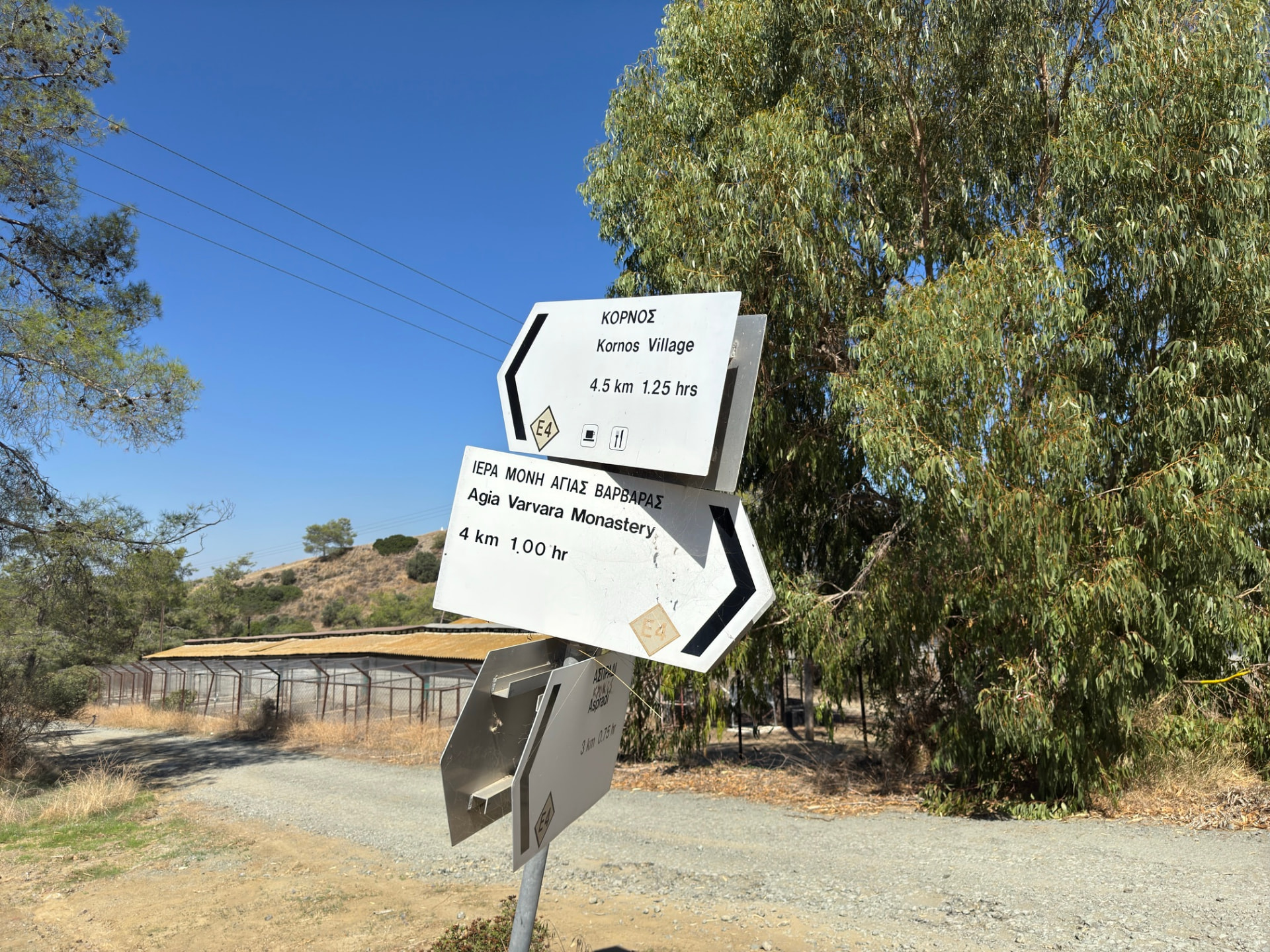 E4 signposts to Kornos Village, Agia Varvara Monastery and Aspradi