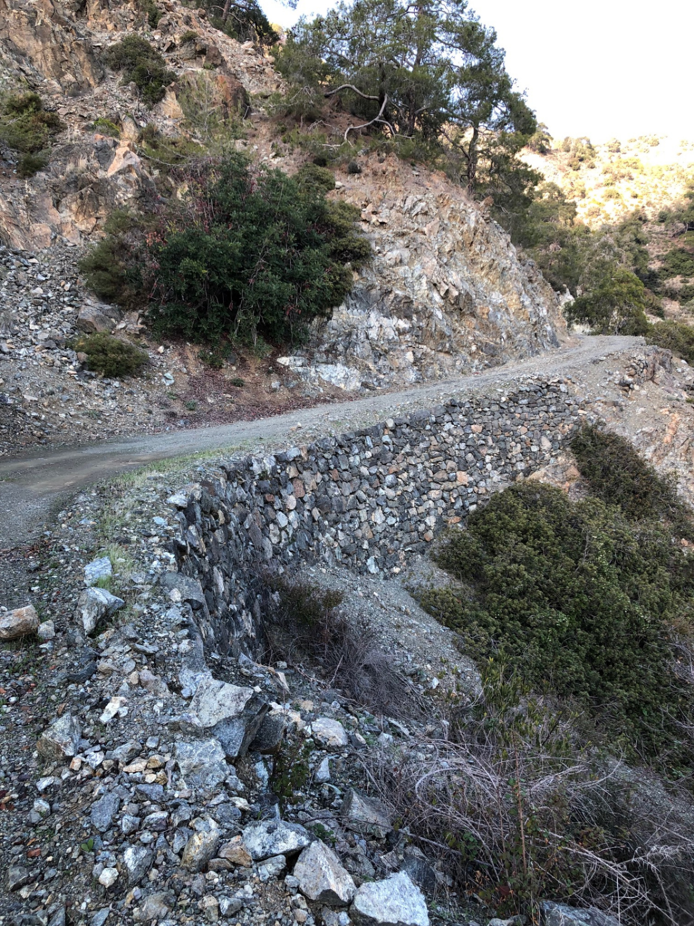 Narrow dirt road with a hand-built stone retaining wall carved into the mountainside