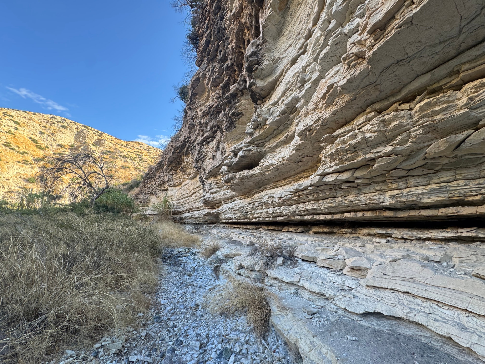 The dry riverbed of Klimadia Gorge in the evening light, layered cliff rising on the right