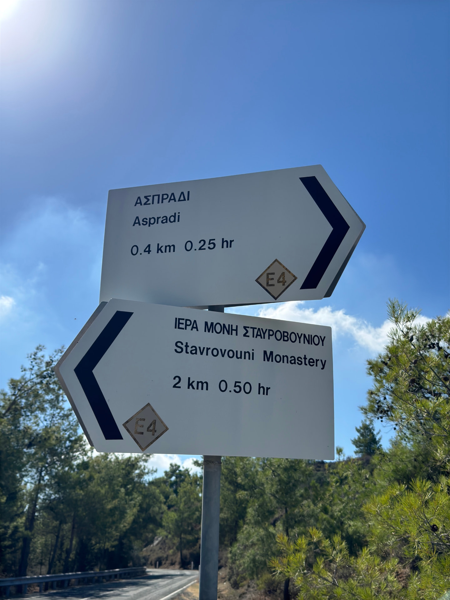 E4 signposts to Aspradi and Stavrovouni Monastery