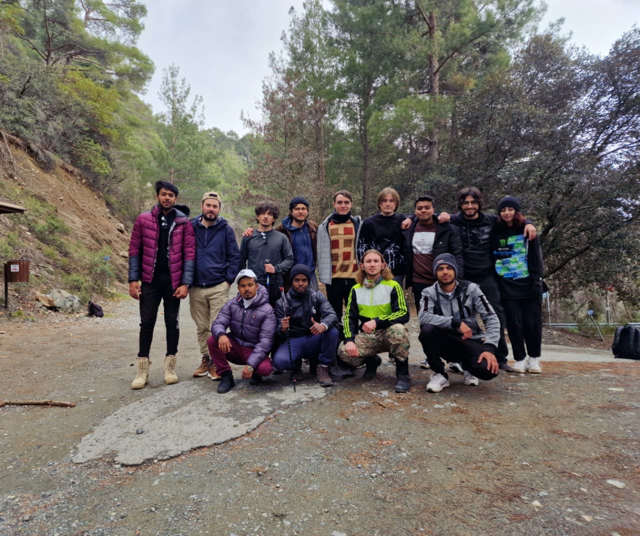 Thirteen hikers gathered among the pine trees at Caledonia Waterfalls